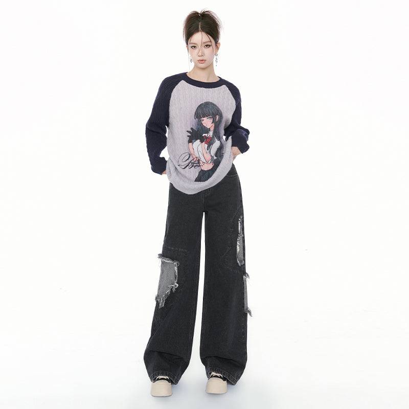 Women's Retro Ripped Wide Leg Straight Loose Jeans