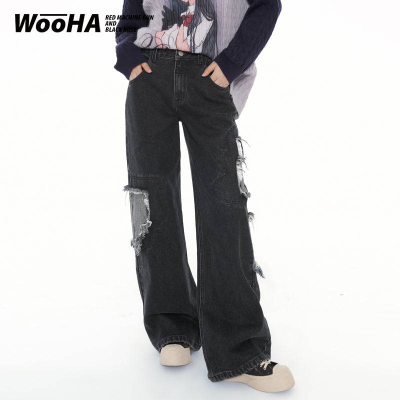 Women's Retro Ripped Wide Leg Straight Loose Jeans