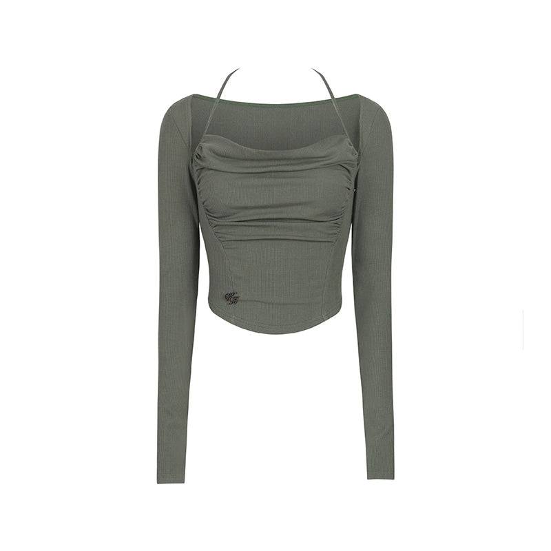 Women's Slim Fit Long Sleeve Halterneck Cotton T-Shirt (White)