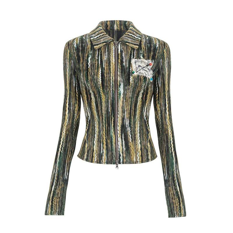 Women's Vintage Floral Print Zip Cable Knit Cardigan (Beige)