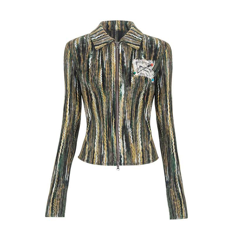 Women's Vintage Floral Print Zip Cable Knit Cardigan (Beige)