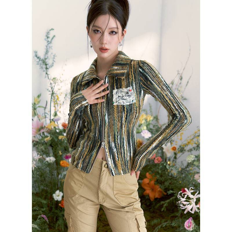 Women's Vintage Floral Print Zip Cable Knit Cardigan (Beige)