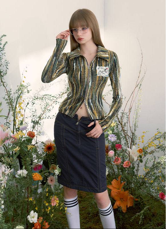 Women's Vintage Floral Print Zip Cable Knit Cardigan (Beige)