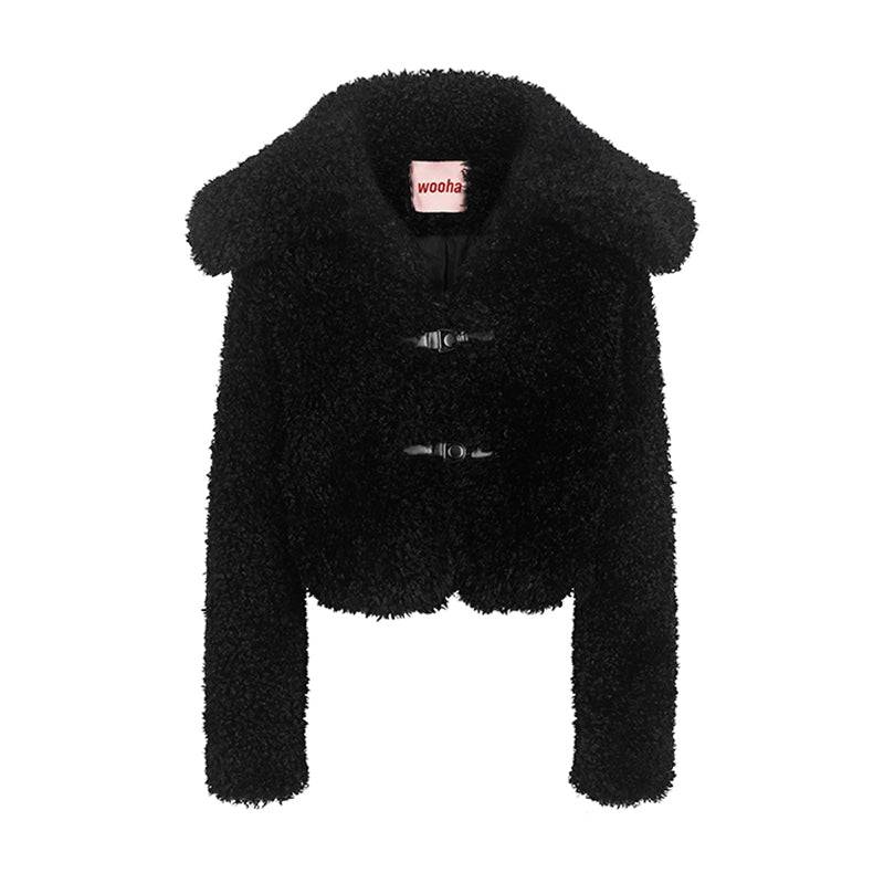 Women's Oversized Lapel Leather Buckle Fleece Lined Thick Short Jacket