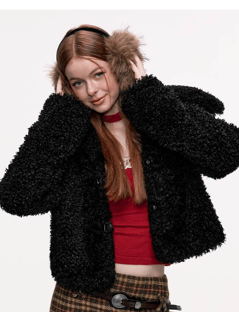 Women's Oversized Lapel Leather Buckle Fleece Lined Thick Short Jacket