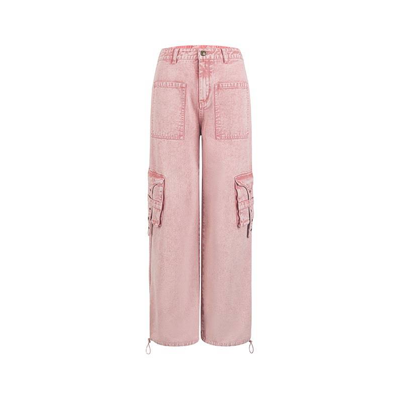 Women's Loose Straight Utility Cargo Pink Jeans