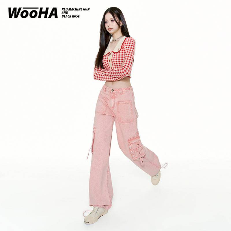 Women's Loose Straight Utility Cargo Pink Jeans