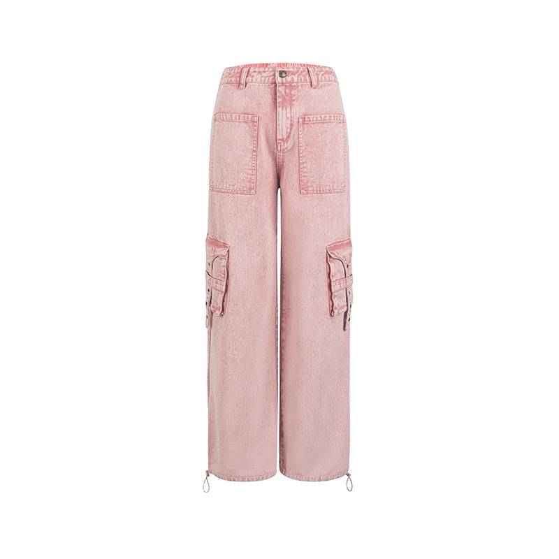 Women's Loose Straight Utility Cargo Pink Jeans