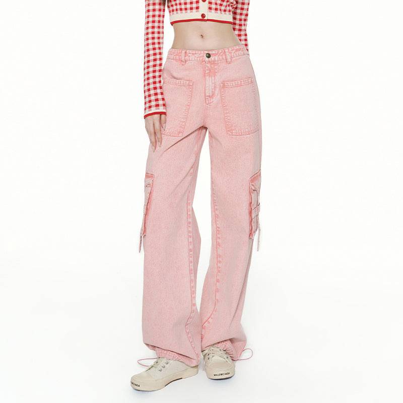 Women's Loose Straight Utility Cargo Pink Jeans